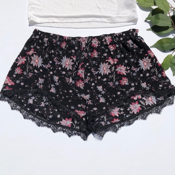 Pants - Black Floral Pajama Shorts with Lace Hem